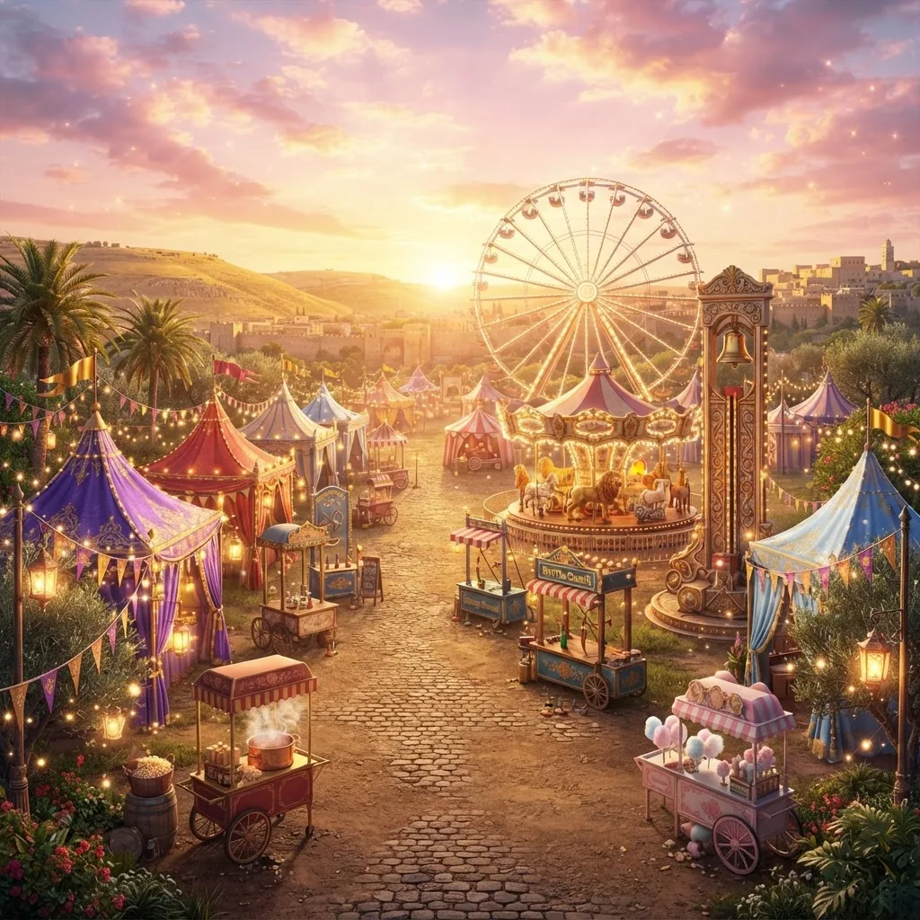A carnival fairground at golden sunset with striped tents and a Ferris wheel