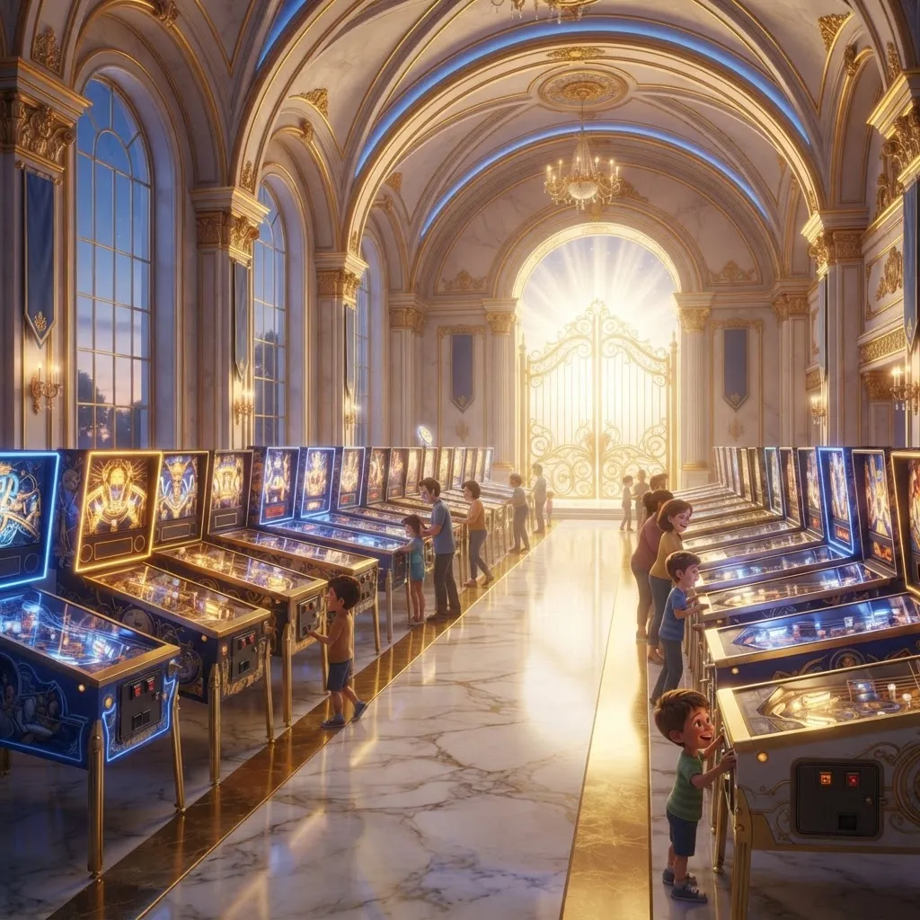 A marble hall of glowing pinball machines with golden gates at the end